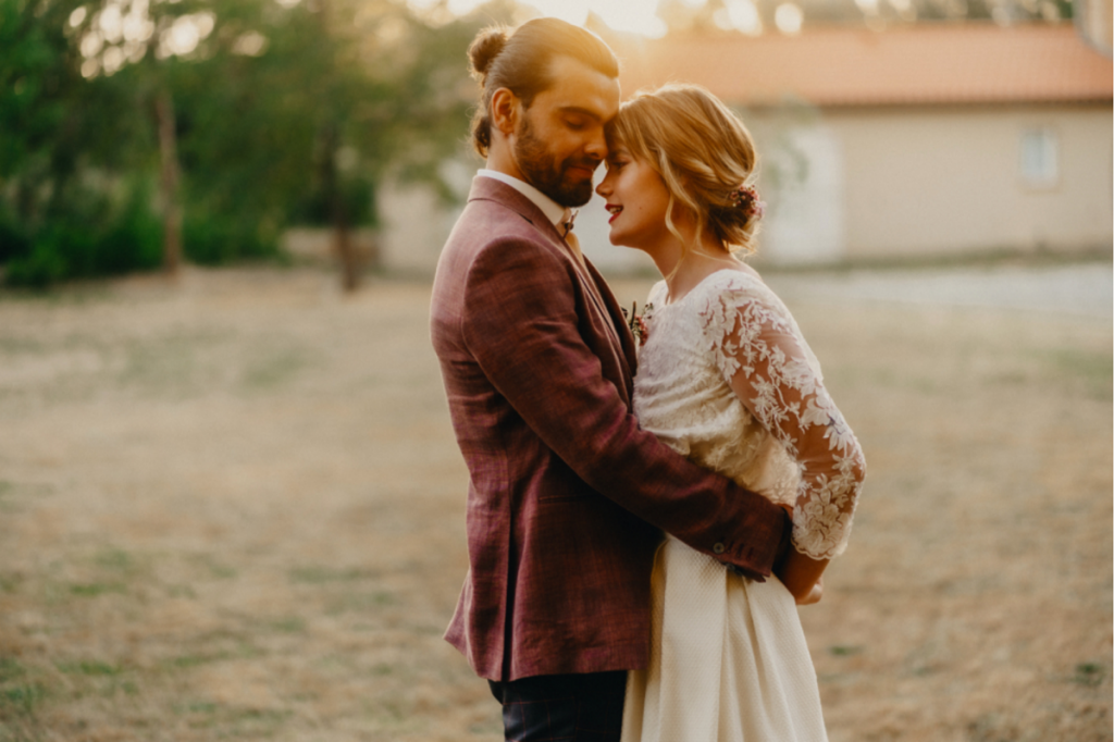 Animations mariage un couple qui se fait un câlin au soleil couchant